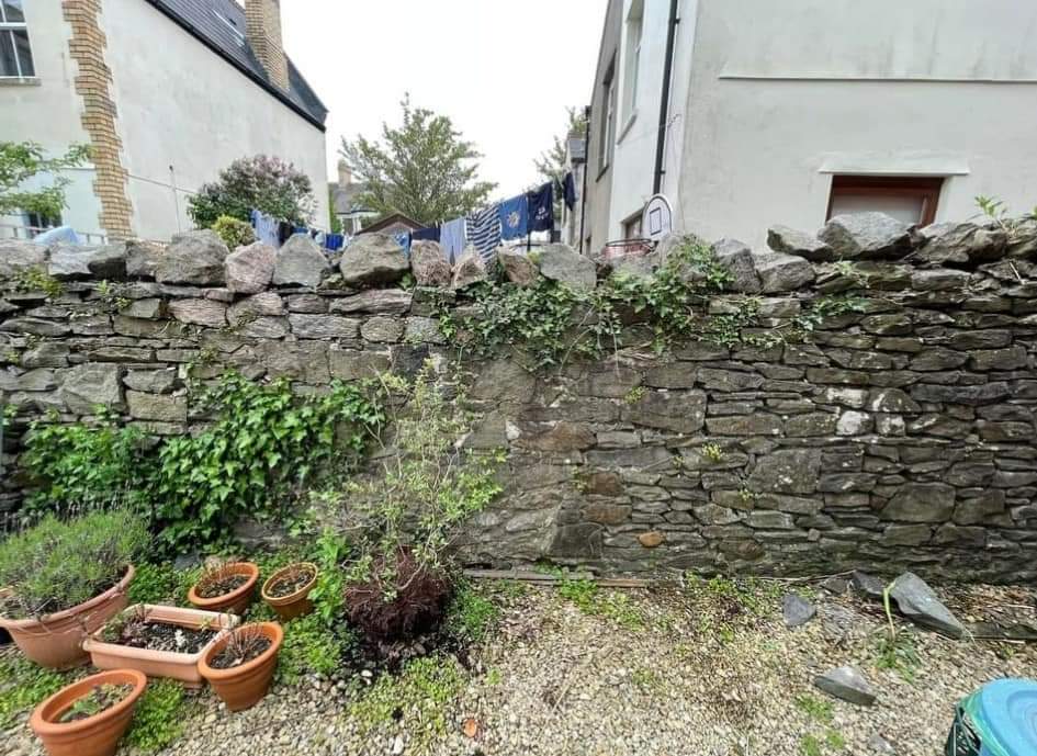 A stone wall with some green plants growing on it stands in a backyard. Several potted plants are positioned at the base of the wall. Behind the wall, clothes are hanging on a washing line between buildings. The ground is covered in gravel.